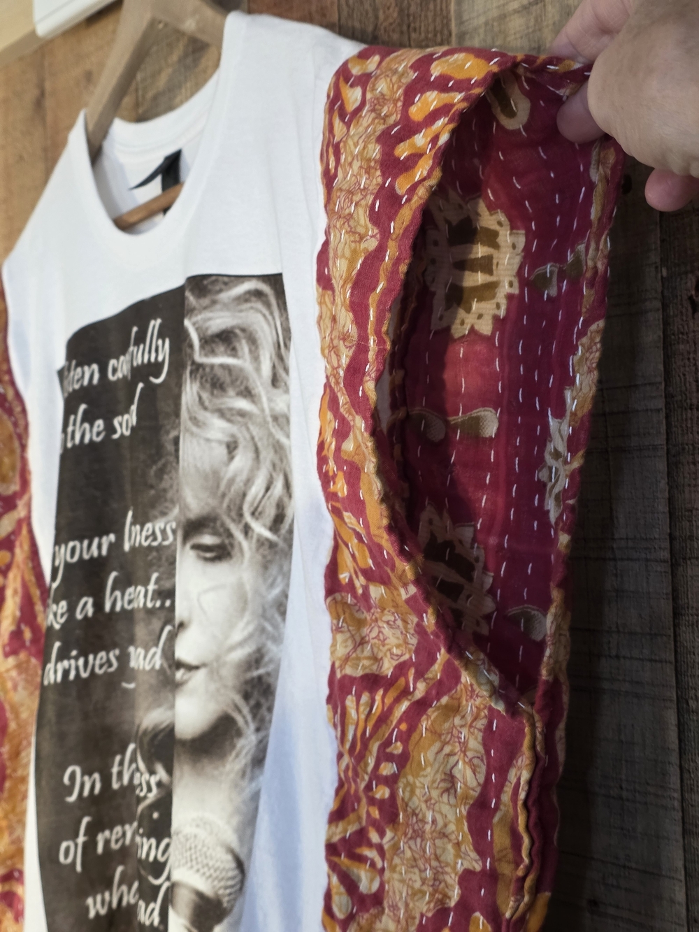 Upcycled Stevie Nicks Tee with Burgundy & Gold Kimono Sleeves - Picture 5 of 6